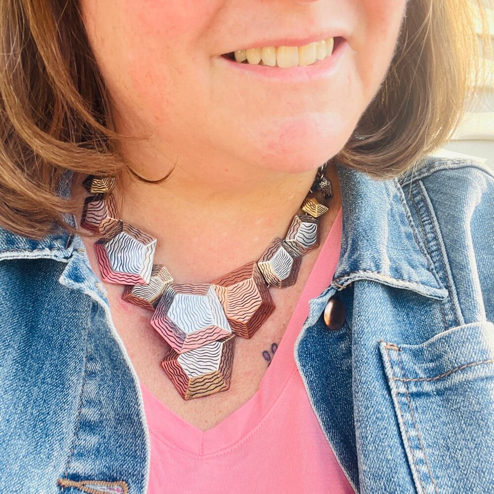 Mixed Metal Geometric Statement Necklace Sculptural Modernist Architectural Bib